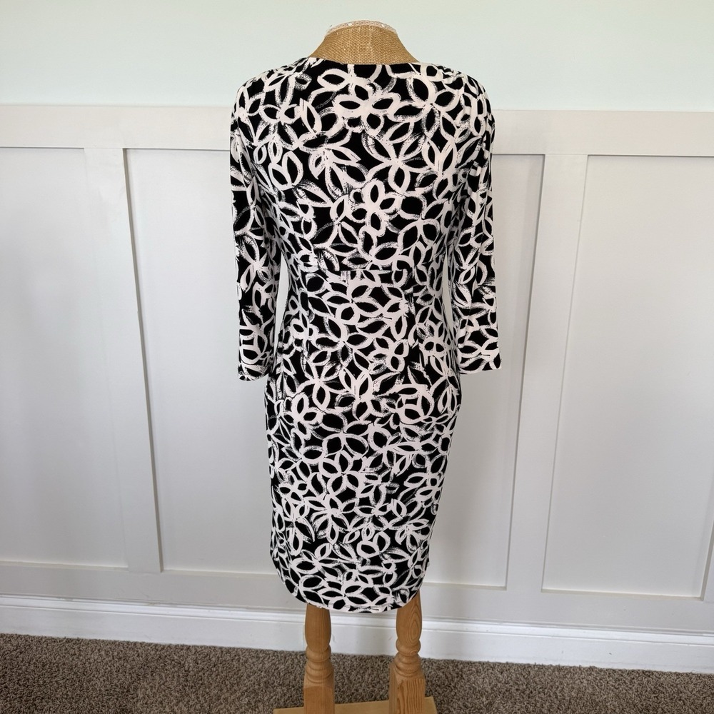Ralph Lauren Dress Size 6‎ Black White 3/4 Sleeve V-Neck Ruched Faux Wrap Sheath - Picture 5 of 9